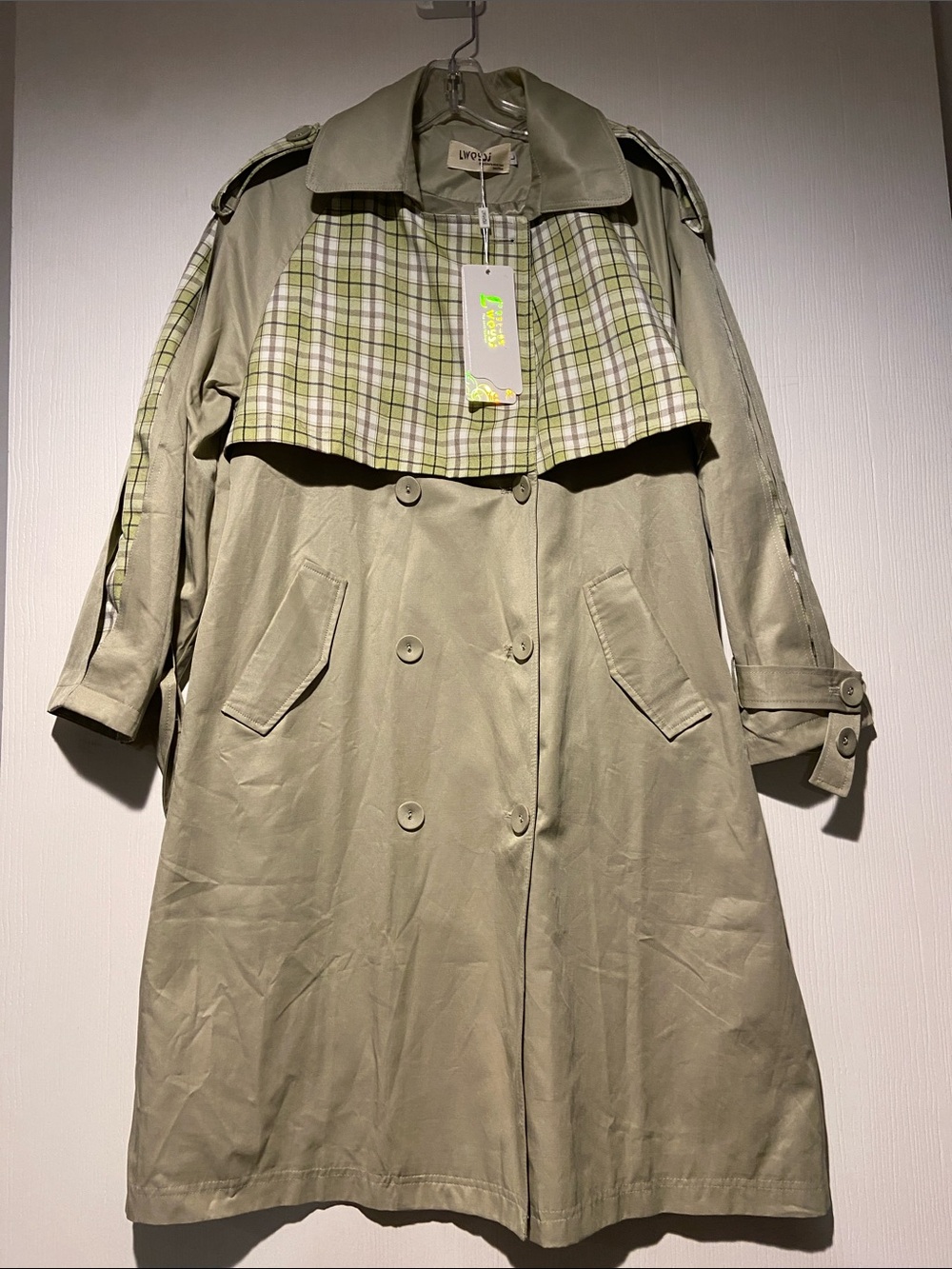 NWT LWOYSJ Sage Green Double Breasted Trench Coat Plaid Accent Size L